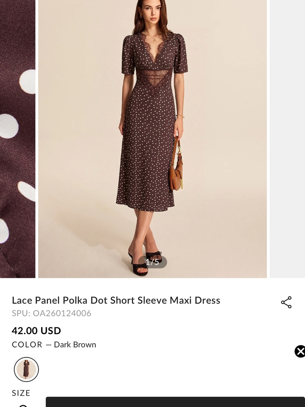Commense Dark Brown Polka Dot Lace-Trim Maxi Dress